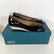 Hotter Wendy Black Patent Leather Slip-On Wedge Open Toe Shoes Size UK 5 Boxed