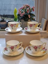 Vintage Melba Bone China Tea Set Set of 4 Cups and Saucers, Hand Painted Floral