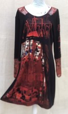 Aventures Des Toiles Dress Size 46 Black Red Bubble Hem Graphic Office Scenes