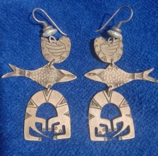 Vintage Silver Tone Laurel burch 3" Aztec Animal Dangle  Earrings Bird,Fish,Cat,