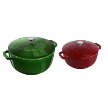 STAUB 2PCS:  24cm CAST IRON DRAGON BORDEAUX +26CM BASIL GREEN STAG FRENCH OVEN