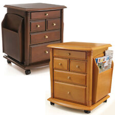 Wooden Magazine Storage Table Wheeled Bedside Cupboard w/ 5 Drawers & 2 Racks