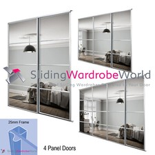 4 Panel Silver Framed Mirror Sliding Wardrobe Door Kits & Tracks (All sizes)