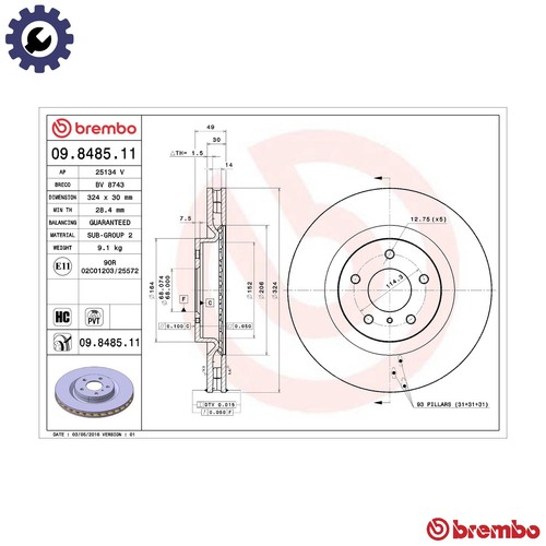 Brake disc 8485 11 for - brake, 09.8485.11