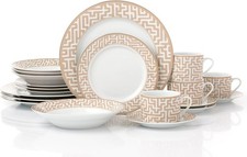 20Pc Dinner Set Porcelain Dinnerware Plates Deep Bowls Mugs Mosaic Cream & Gold