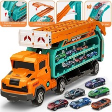 Interactive Race Track Transport Truck with 6 Cars Foldable Car Transporter Toys