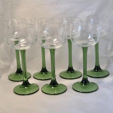 Set 7 Mid Century  Good quality  thin Green  stem  Hock wine glasses 17 cm tall