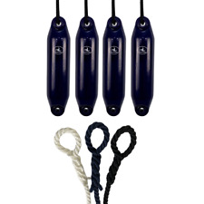 4 x Hurricane Boat Fenders PM01 White/Blue Ends 40x10cm + Free Spliced Rope UK