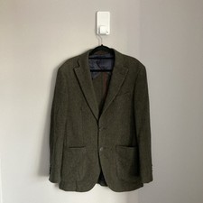 Tweed Blazer Mens 38 Brown Moss Tailored Fit Wool Herringbone Jacket