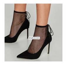 Zara Black Suede Fishnet Sock High Heel Stiletto heels party UK5 38 NEW VGC