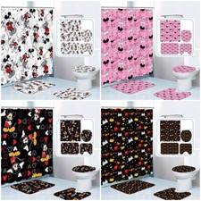 Mickey Minnie Mouse Waterproof Shower Curtain Bathroom Rug Toilet Cover Mat Lid