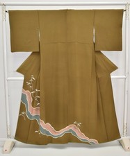VINTAGE SILK KIMONO Khaki Brown Wave Pine Tree Pattern Dressing Gown Robe
