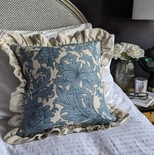 Frilled Cushion Cover In William Morris Chrysanthemum In Blue