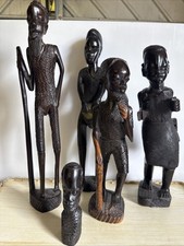 5 x Tribal Wooden Carving African Men Vintage Hand Carved Statue Figure Wood
