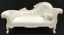 ORNATE  FRENCH GLOSS WHITE LOUIS CHAISE SILVER PINS FAUX LEATHER  CRYSTALS  SOFA