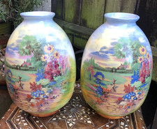 Vintage 1920/30s Crown Ducal ware vases cottage garden Art Deco pottery 8.5"high