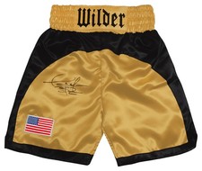 Deontay Wilder Signed Gold With Black Trim Custom Boxing Trunks- (BECKETT COA)