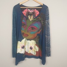 Desigual Cirque Du Soleil Top Womens XL Blue Rhinestone Retro Designer Tee