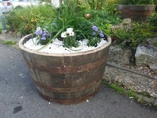 large oak whiskey half barrel planter patio herb vegetable flower  rustic 