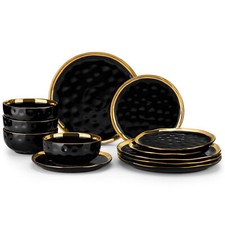 LOVECASA 12-Piece Porcelain Dinnerware Set Gold Rim Black Bowl & Plate Set for 4