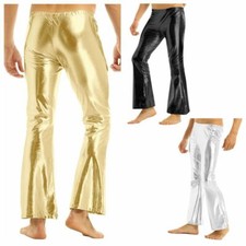 Mens Metallic 70s Disco Bell Bottoms Long Flared Trousers Vintage Wide Leg Pants