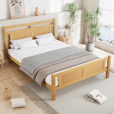 Double Bed Frame with Rattan Headboard&Footboard 4ft6 Wood Platform Bed Frame