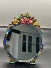 Vintage Small Round Barbola Vanity Dressing Table Easel Back Mirror.