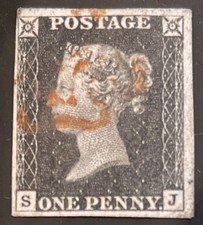 GB QV, 1d INTENSE PENNY BLACK 1840, SG1, PLATE 1a (S.J.) SPEC AS1 RED MX.  VF/U.