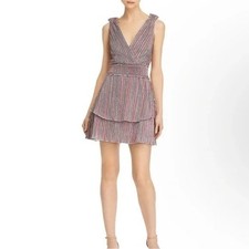 Saylor Striped Metallic Shimmer Tiered Mini Dress XS