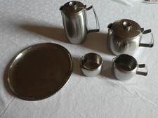 Vintage Old Hall stainless steel teapot, hot water pot, sugar bowl, jug, tray