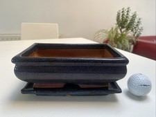 Bonsai Pot 18.5x11.5cm Wide With A Matching Drip Tray Blue Glazed Pot And Tray