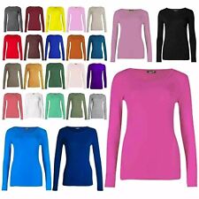 Womens Long Sleeve Round Neck Plain Ladies Soft Stretchy T-Shirt Top UK 8-26