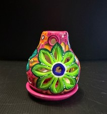 Mexico Chiminea Tea Light Incense Burner Hand Painted Pottery Clay Floral Bright