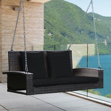 2-Seat Patio Rattan Porch Swing Wicker Swing Bench Hanging Loveseat-Black