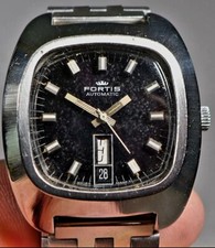 Fortis Automatic Mens Watch 1970s black dial Swiss 21 Jewels S/S day date EUC