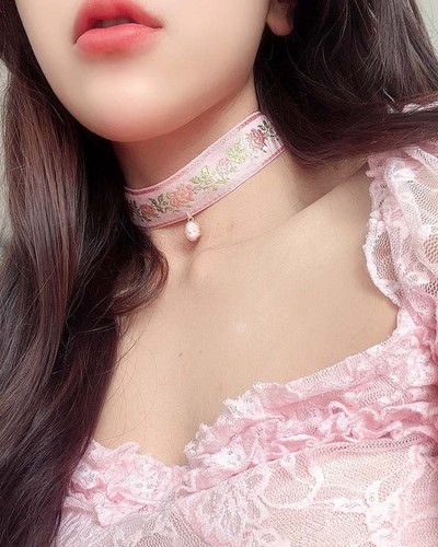 Pink flower embroidery choker - flower,