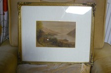 Antique watercolour painting signed in a gilt rococo frame, lake &mountain scene