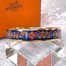 Vintage Hermes Enamel Bangle Bracelet Blue Black Enamel Gold Rim Size 70 w/Case