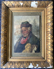 Signed Oil Painting Portrait Old Man With Dogs Puppies IN Winter Landscape