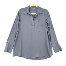PLEIONE Gray V Neck Collared Front Pocket Buttoned Cuffs Long Sleeve Blouse XS