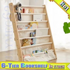 Kids Childrens 7-Tier Book Shelf Wooden Sling Storage Rack Bookcase Bookshelf