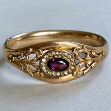 Antique Victorian Gold Filled Bangle Plated Bracelet Paste Stones 7” 25mm Wide
