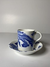 Antique Victorian Royal Worcester Blue and White Dragon Coffee Cup  and Saucer