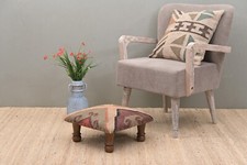 Handcrafted Acacia Wooden Footstool | Low Kilim Upholstered Footstool Ottoman | 