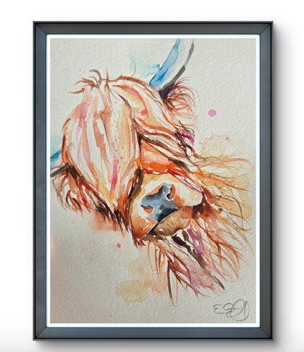 Small highland cow - cow, watercolour