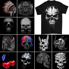 Skull T-Shirt Mens Biker Tattoo Tribal Viking Demon Gym Heavy Metal Rock Death