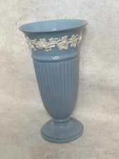 Vintage Wedgwood Blue Etruria Barlaston Embossed Queens Ware Footed Vase 27.5cm