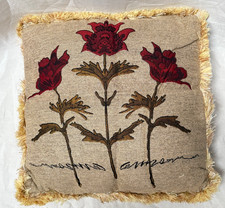 Vintage Floral Tapestry Pillow – Three Red Flowers Accent Cushion w/ Gold Fringe