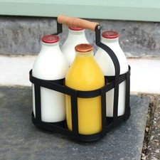 Metal Vintage 4 Bottle Milk Holder Carrier Rack Wooden Handle Retro Drinks Caddy