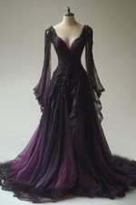 Gothic Wedding Dresses Long Sleeves V Neck Lace Appliques Ruffles Bridal Gowns